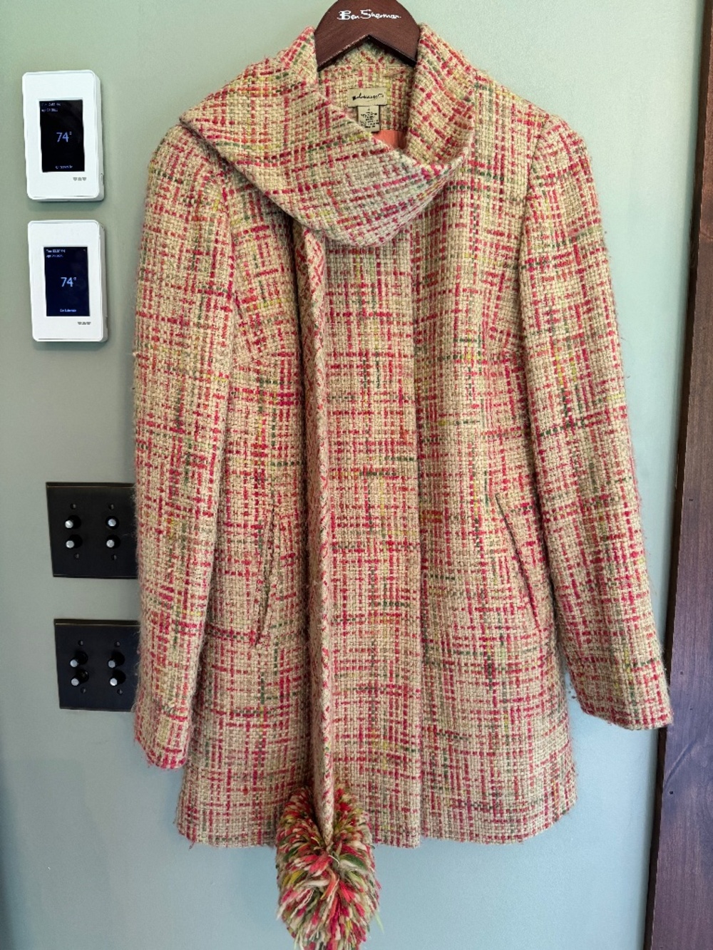 Vintage Anthropologie Elevenses Plaid Tweed Coat with PomPom Scarf size 4